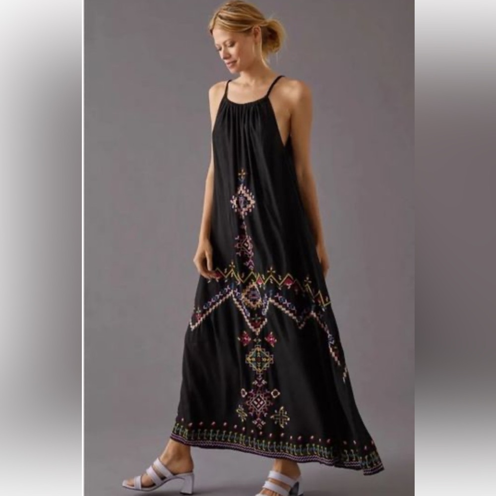 Anthropologie Black Maxi Dress with Colorful Embroidery